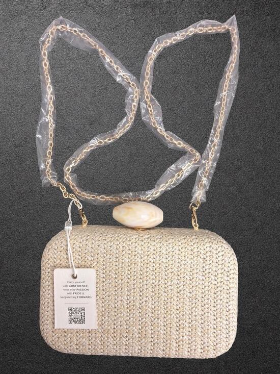 Urban Expressions Handbags - Urban Expressions Beige Clutch w/ Clasp & Detachable Gold Chain Strap